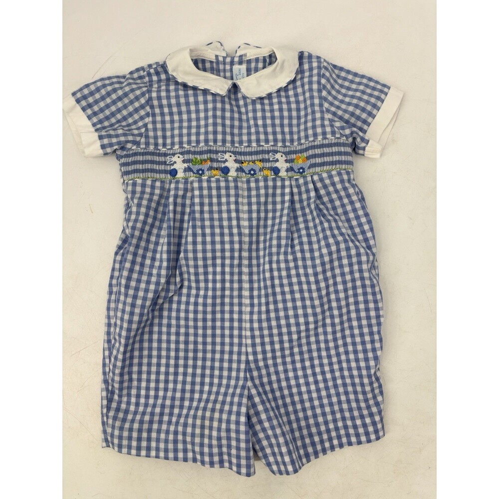 Smocked Bunny Collection Bebe 2T Blue Gingham Easter Outfit Collared Shortall